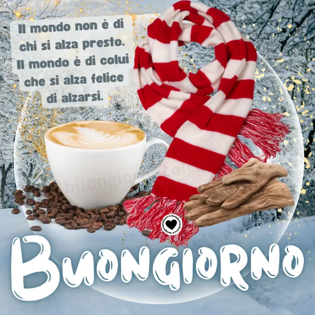buongiorno invernale con neve sciarpa e caffè